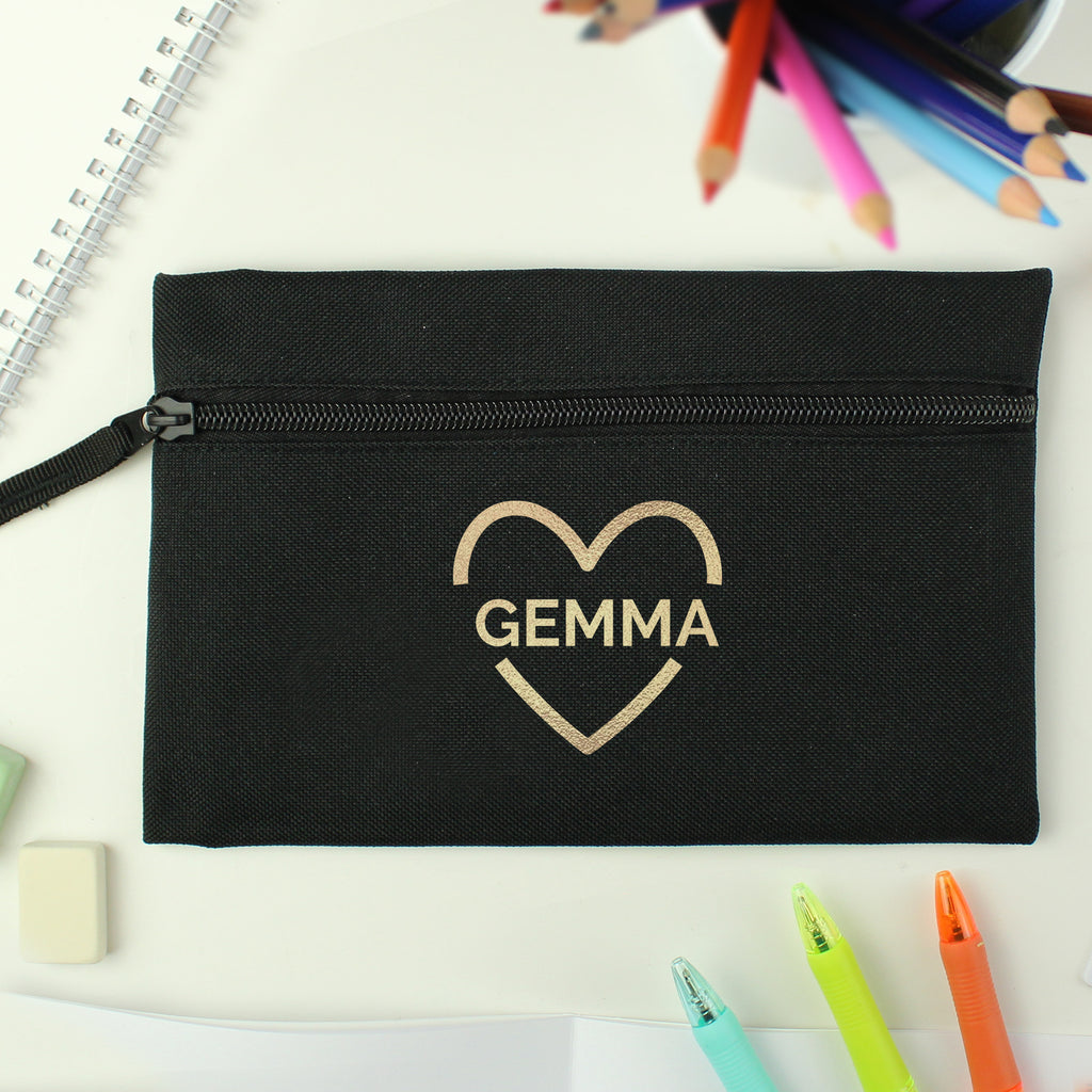 Personalised Gold Heart Black Pencil Case - Buy Stationery & Pens at GiftMasters.co.uk