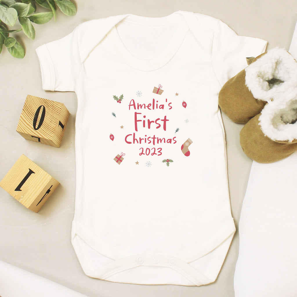 Personalised First Christmas 0-3 Months Baby Vest - Buy Clothing at GiftMasters.co.uk