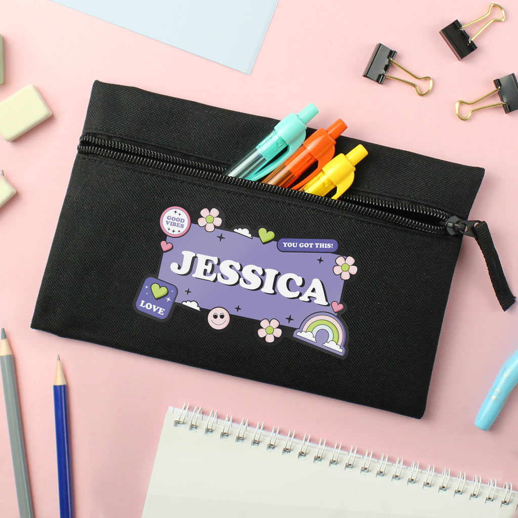 Personalised Good Vibes Black Pencil Case - Buy Stationery & Pens at GiftMasters.co.uk