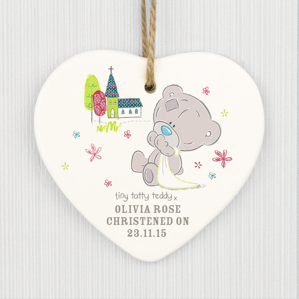 Personalised Tiny Tatty Teddy Christening Ceramic Heart Decoration - Buy Christmas Decorations at GiftMasters.co.uk