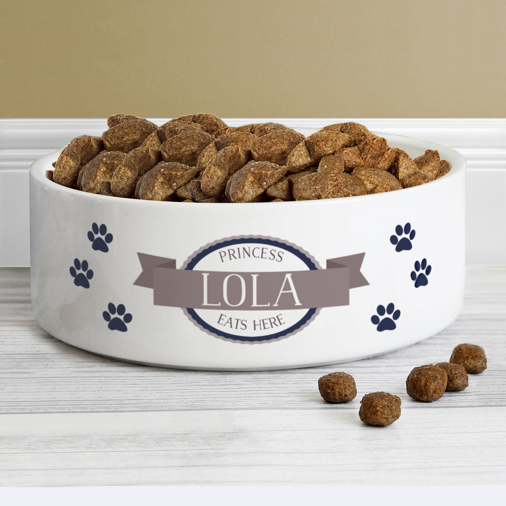 Personalised Blue Paws 14cm Medium White Pet Bowl - Buy Pet Gifts at GiftMasters.co.uk