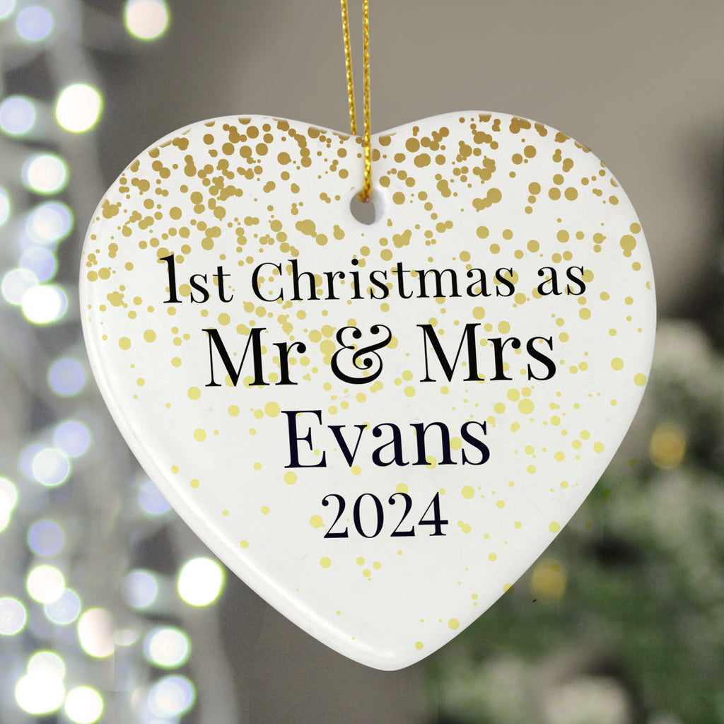 Personalised Mr and Mrs 1st Christmas Ceramic Heart Decoration - Buy Christmas Decorations at GiftMasters.co.uk