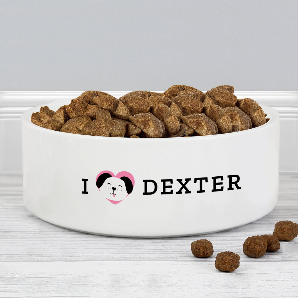 Personalised I Love my Dog - Cute Design 14cm Medium Ceramic White Pet Bowl - Buy Pet Gifts at GiftMasters.co.uk