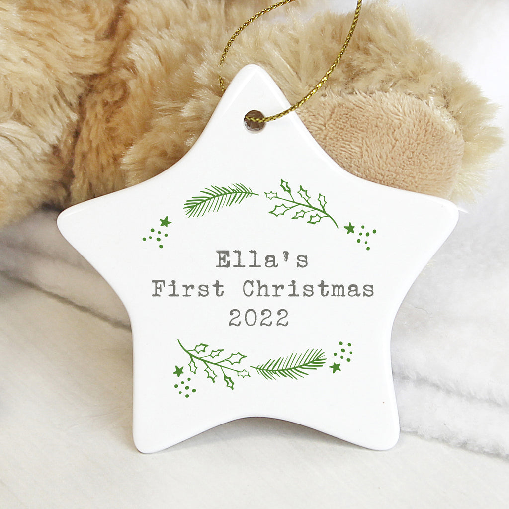 Personalised Christmas Holly Ceramic Star Decoration - Buy Christmas Decorations at GiftMasters.co.uk