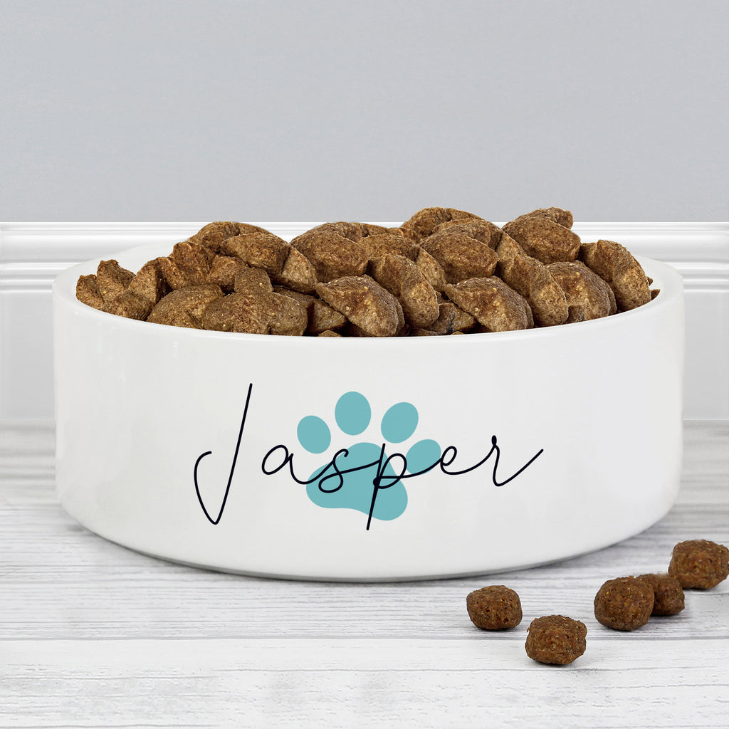 Personalised Blue Paw Print Name 14cm Medium Pet Bowl - Buy Pet Gifts at GiftMasters.co.uk