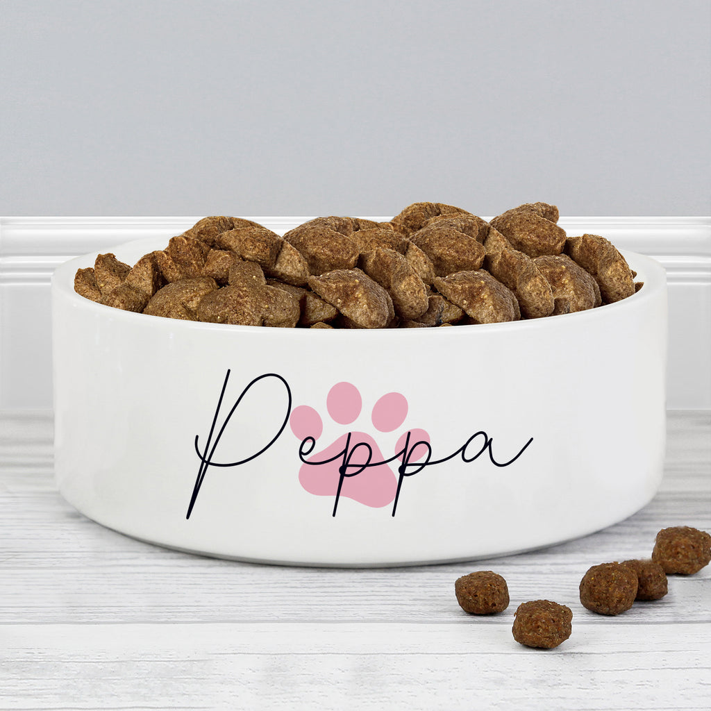 Personalised Pink Paw Print Name 14cm Medium Pet Bowl - Buy Pet Gifts at GiftMasters.co.uk