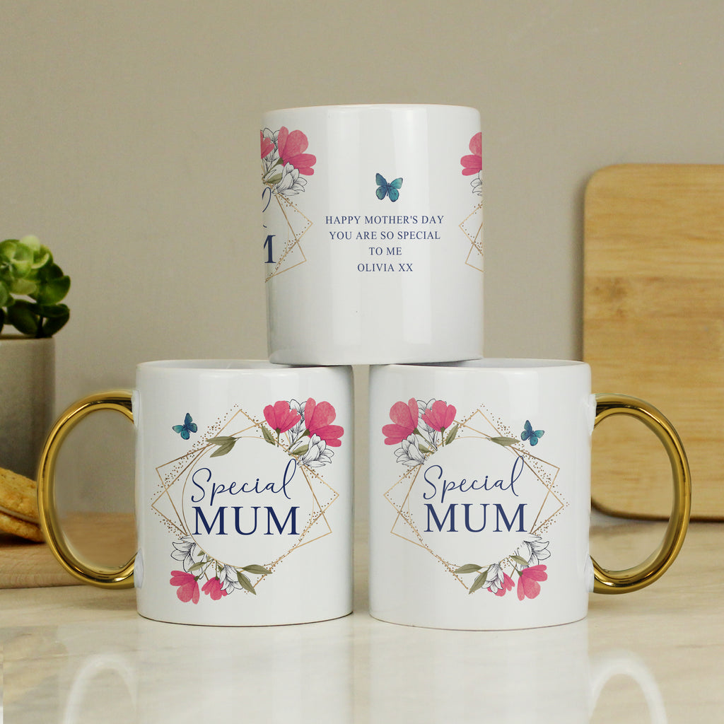 Personalised Geometric Floral Gold Handle Mug - Buy Mugs at GiftMasters.co.uk