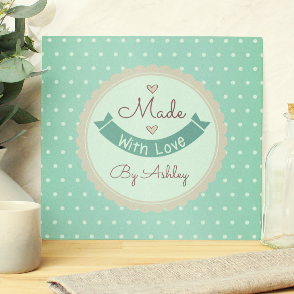Personalised Made with Love Glass Chopping Board/Worktop Saver - Buy Kitchen, Baking & Dining Gifts at GiftMasters.co.uk