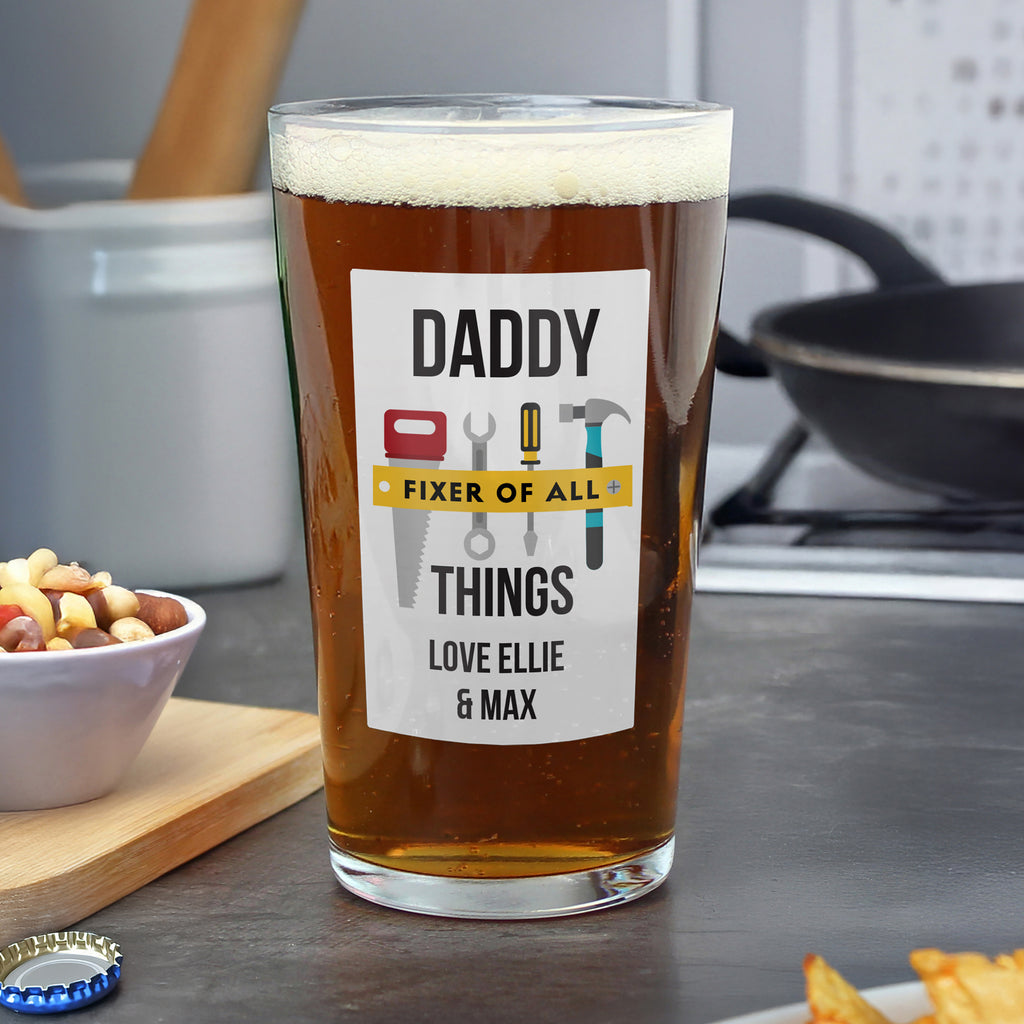 Personalised Fixer Of All Things Printed Beer Glass - Buy Glasses & Barware at GiftMasters.co.uk
