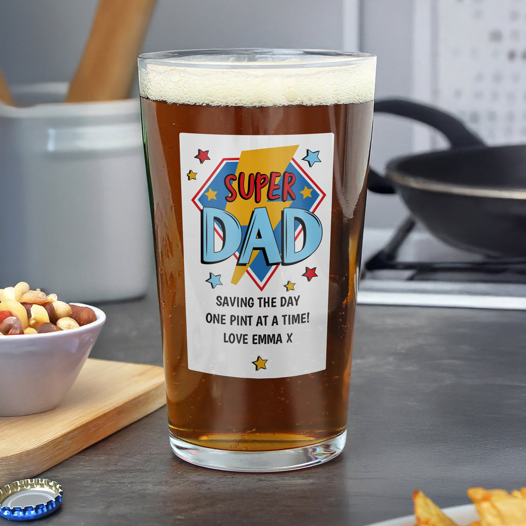 Personalised Super Dad Printed Beer Glass - Buy Glasses & Barware at GiftMasters.co.uk