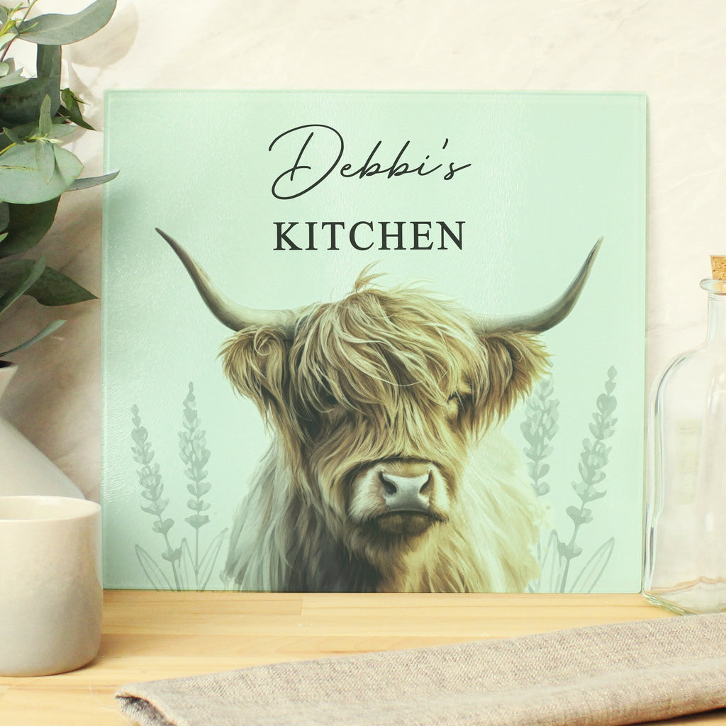 Personalised Highland Cow Glass Chopping Board - Buy Kitchen, Baking & Dining Gifts at GiftMasters.co.uk