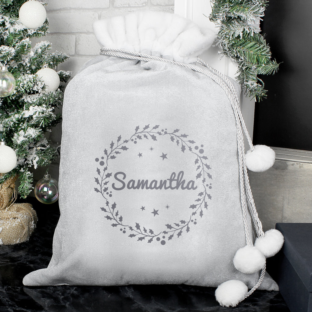 Personalised Holly Grey Christmas Sack - Buy Christmas Decorations at GiftMasters.co.uk