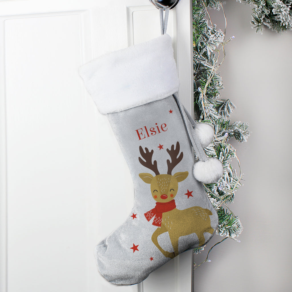 Personalised Reindeer Silver Grey Stocking - Buy Christmas Decorations at GiftMasters.co.uk