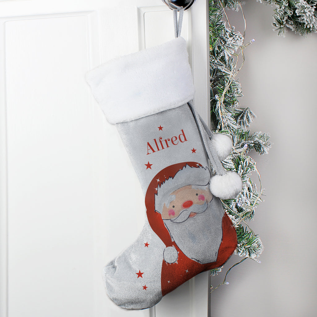 Personalised Santa Silver Grey Stocking - Buy Christmas Decorations at GiftMasters.co.uk