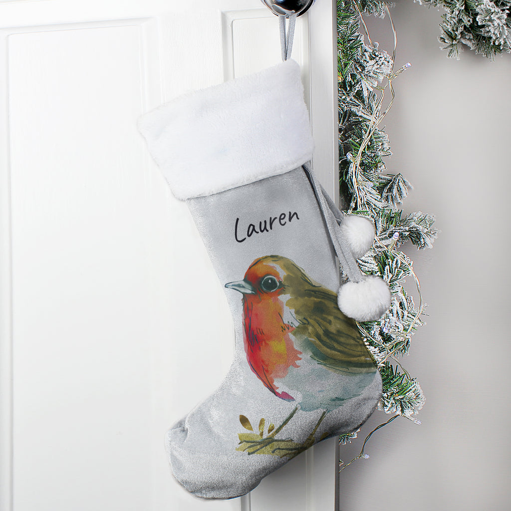 Personalised Robin Silver Grey Stocking - Buy Christmas Decorations at GiftMasters.co.uk