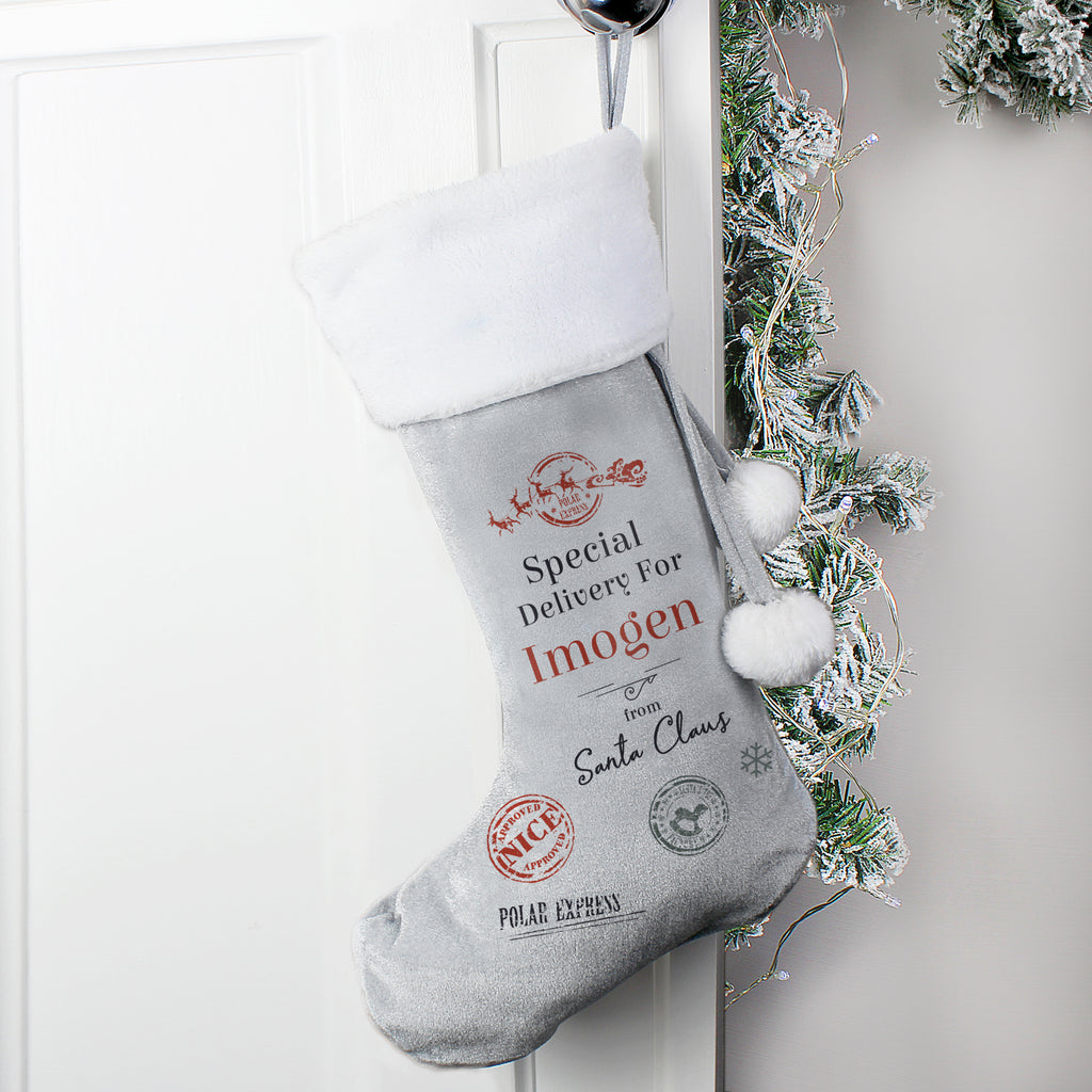 Personalised Special Delivery Silver Grey Stocking - Buy Christmas Decorations at GiftMasters.co.uk