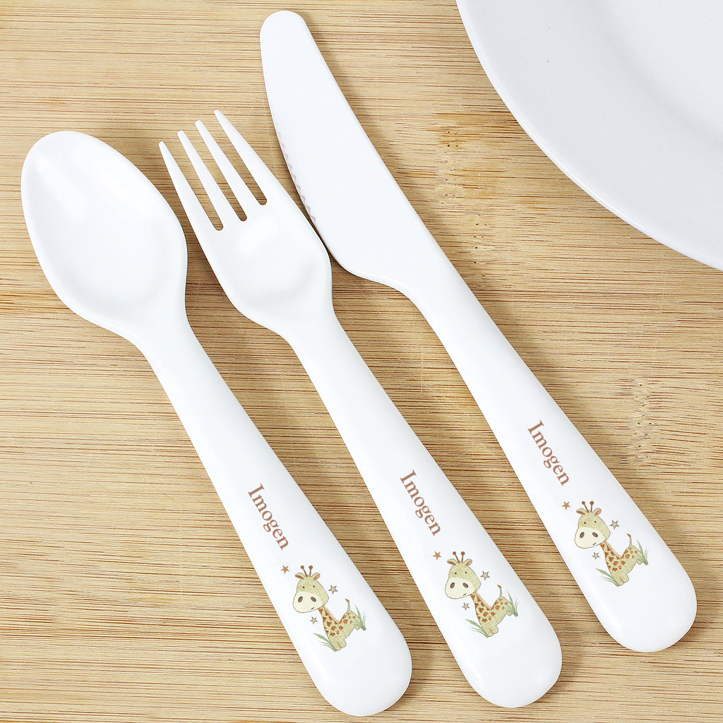 Personalised Hessian Giraffe 3 Piece Plastic Cutlery Set - Buy Mealtime Essentials at GiftMasters.co.uk