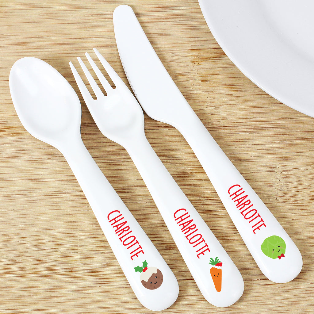 Personalised 'First Christmas Dinner' 3 Piece Plastic Cutlery Set - Buy Kitchen, Baking & Dining Gifts at GiftMasters.co.uk