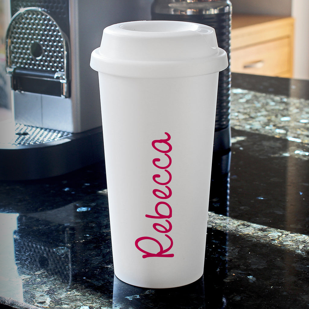 Personalised Pink Name Insulated Reusable Eco Travel Cup - Buy Travel Mugs at GiftMasters.co.uk