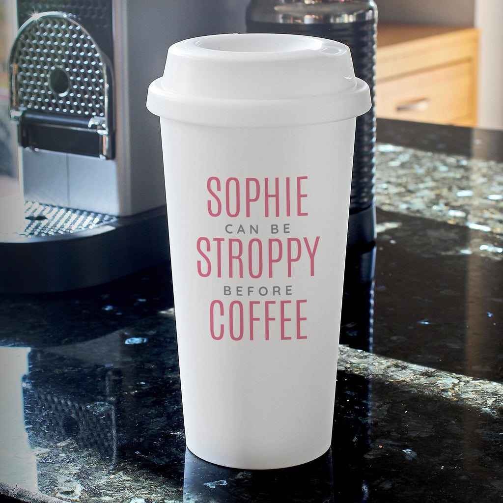 Personalised Pink Text Slogan Insulated Reusable Eco Travel Cup - Buy Travel Mugs at GiftMasters.co.uk