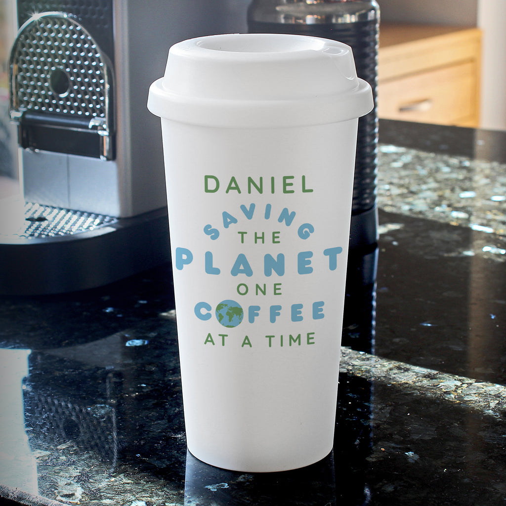 Personalised 'Saving the Planet' Insulated Reusable Eco Travel Cup - Buy Travel Mugs at GiftMasters.co.uk