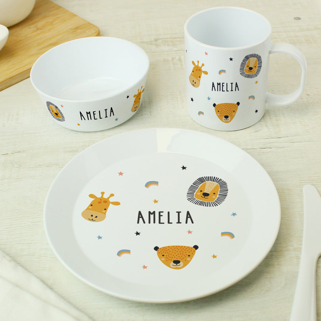 Personalised Safari Animals Plastic Childrens Breakfast Set - Buy Mealtime Essentials at GiftMasters.co.uk