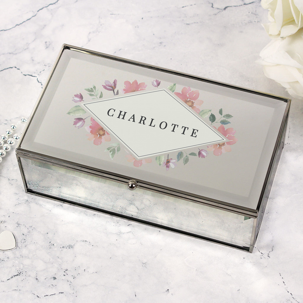 Personalised Floral Watercolour Mirrored Jewellery Box - Buy Trinket, Jewellery & Keepsake Boxes at GiftMasters.co.uk