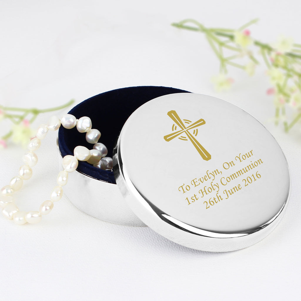 Personalised Gold Cross Trinket Box - Ideal For Rosary Beads - Buy Trinket, Jewellery & Keepsake Boxes at GiftMasters.co.uk