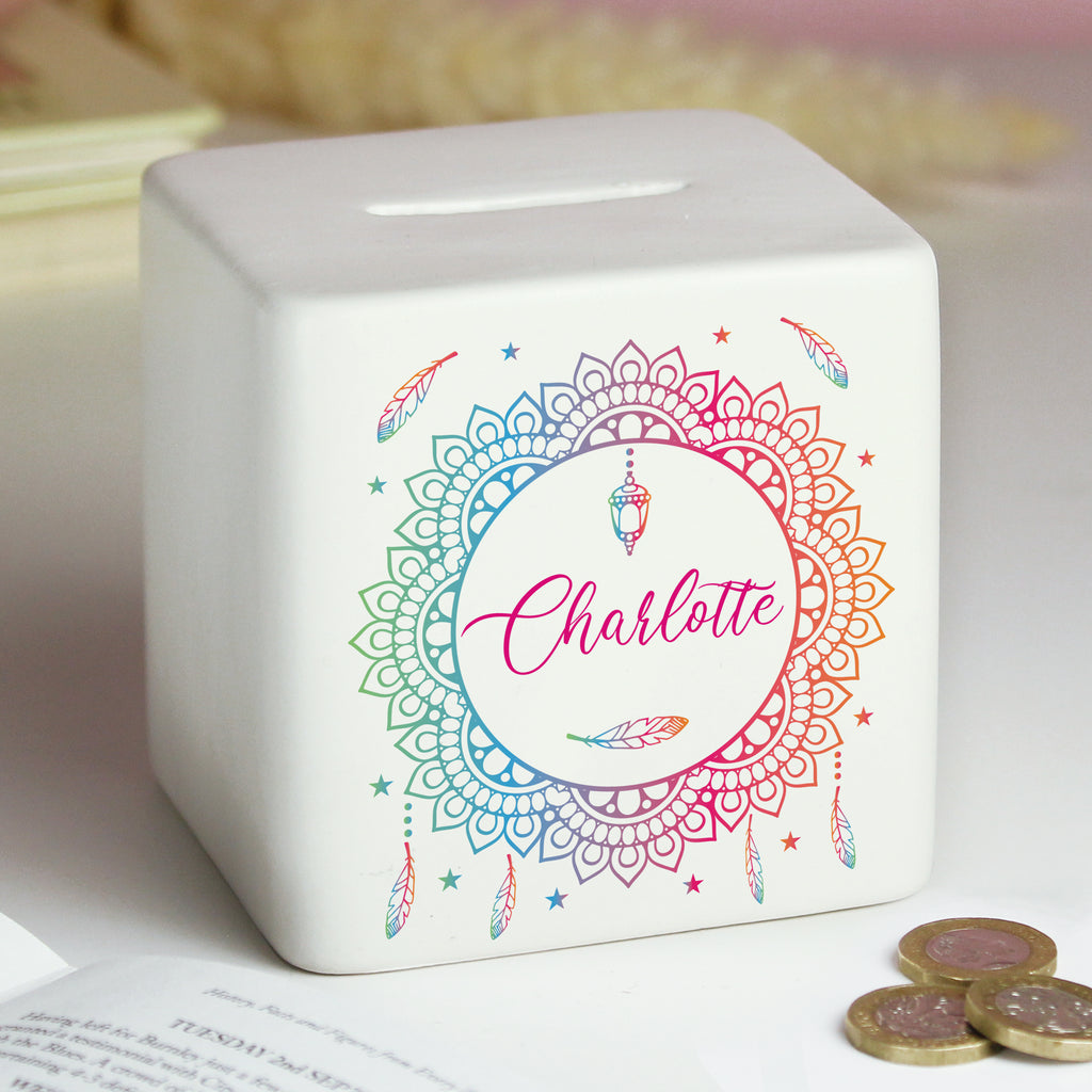 Personalised Dreamcatcher Ceramic Square Money Box - Buy Money Boxes at GiftMasters.co.uk