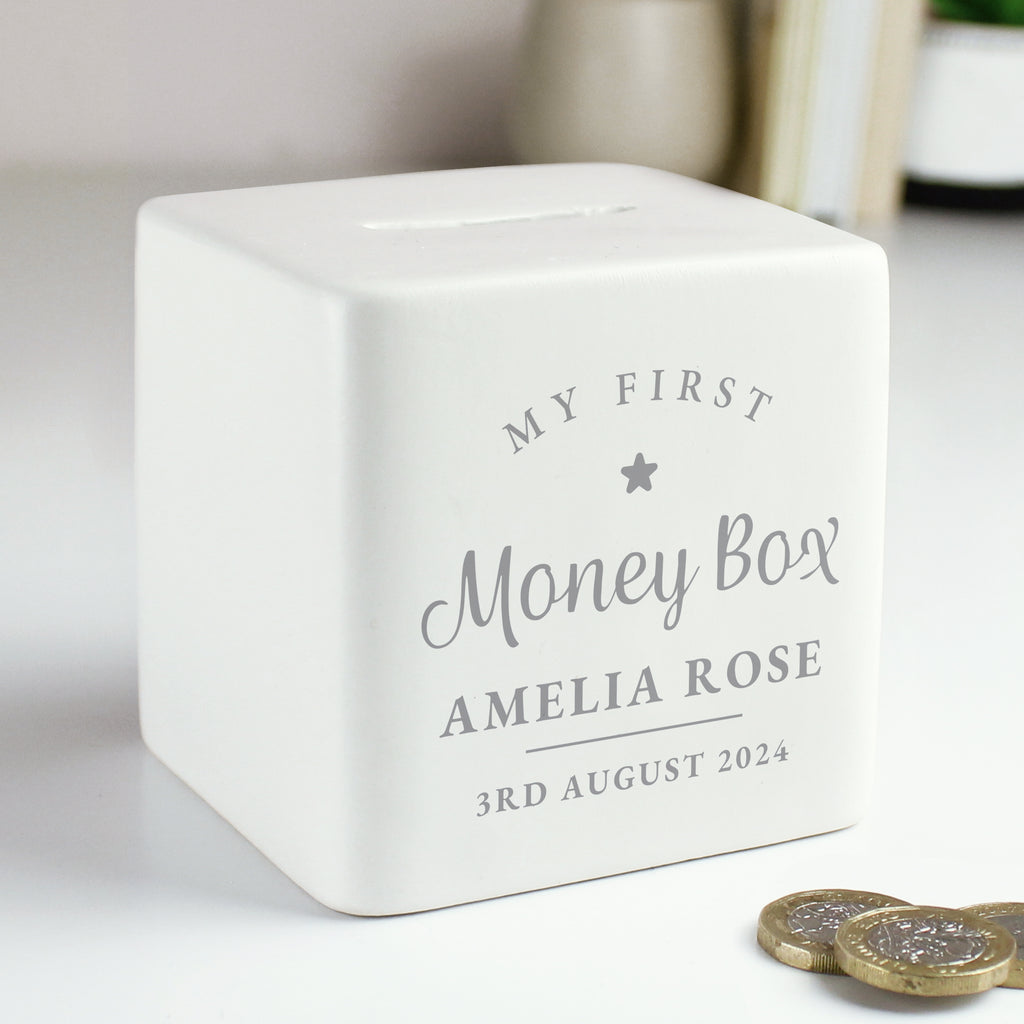 Personalised My First Ceramic Square Money Box - Buy Money Boxes at GiftMasters.co.uk
