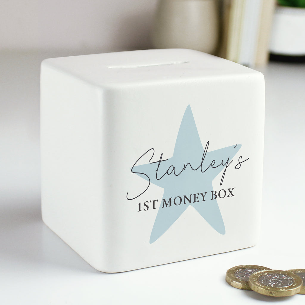 Personalised Blue Star Ceramic Square Money Box - Buy Money Boxes at GiftMasters.co.uk