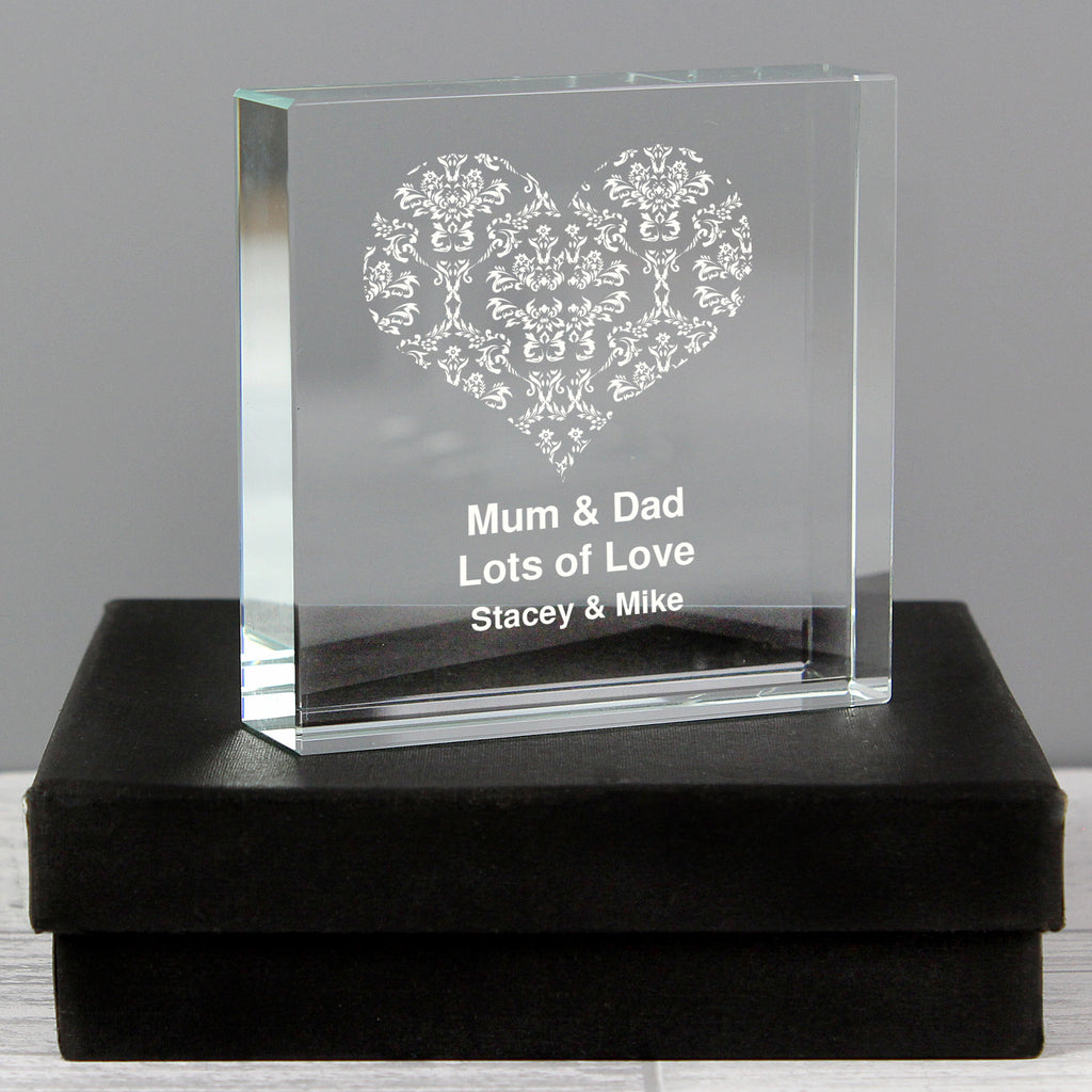 Personalised Damask White Heart Crystal Token - Buy Ornaments at GiftMasters.co.uk