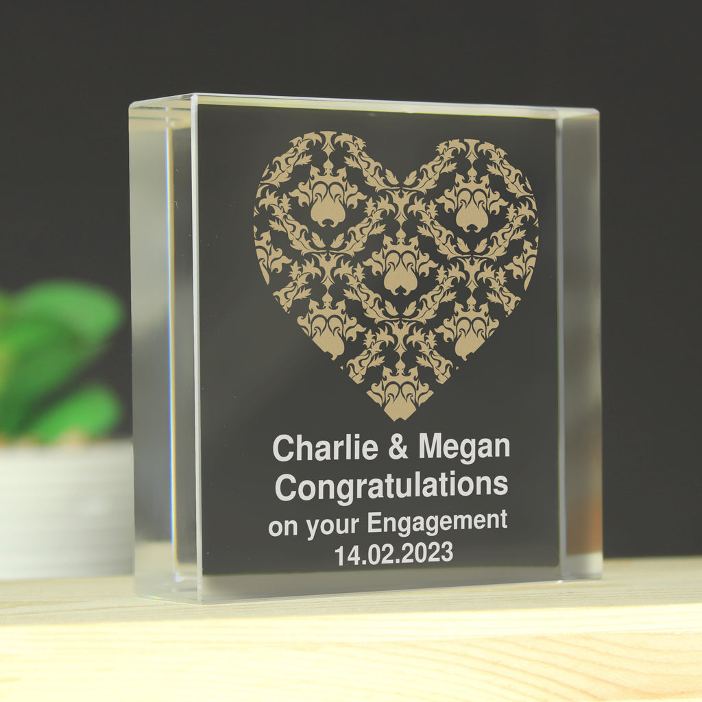 Personalised Gold Damask Heart Crystal Token - Buy Ornaments at GiftMasters.co.uk