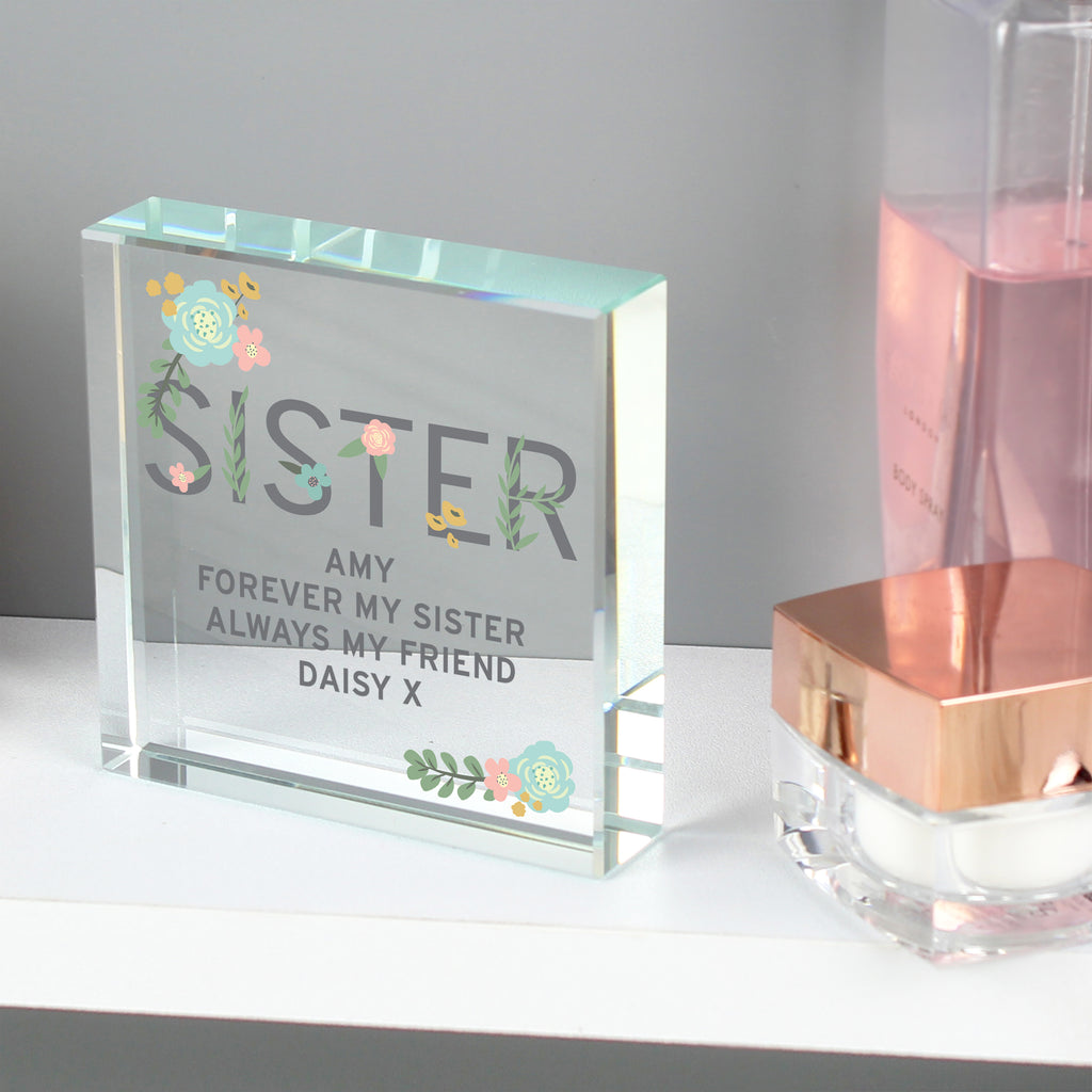 Personalised Floral Sister  Crystal Token - Buy Ornaments at GiftMasters.co.uk