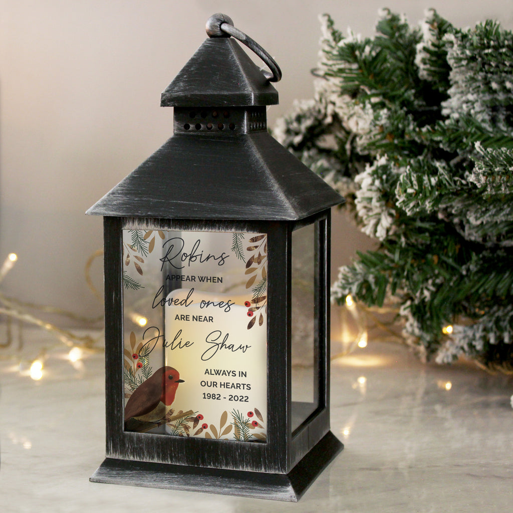 Personalised Robins Appear.. Memorial Black Lantern - Buy LED Lights, Candles & Decorations at GiftMasters.co.uk