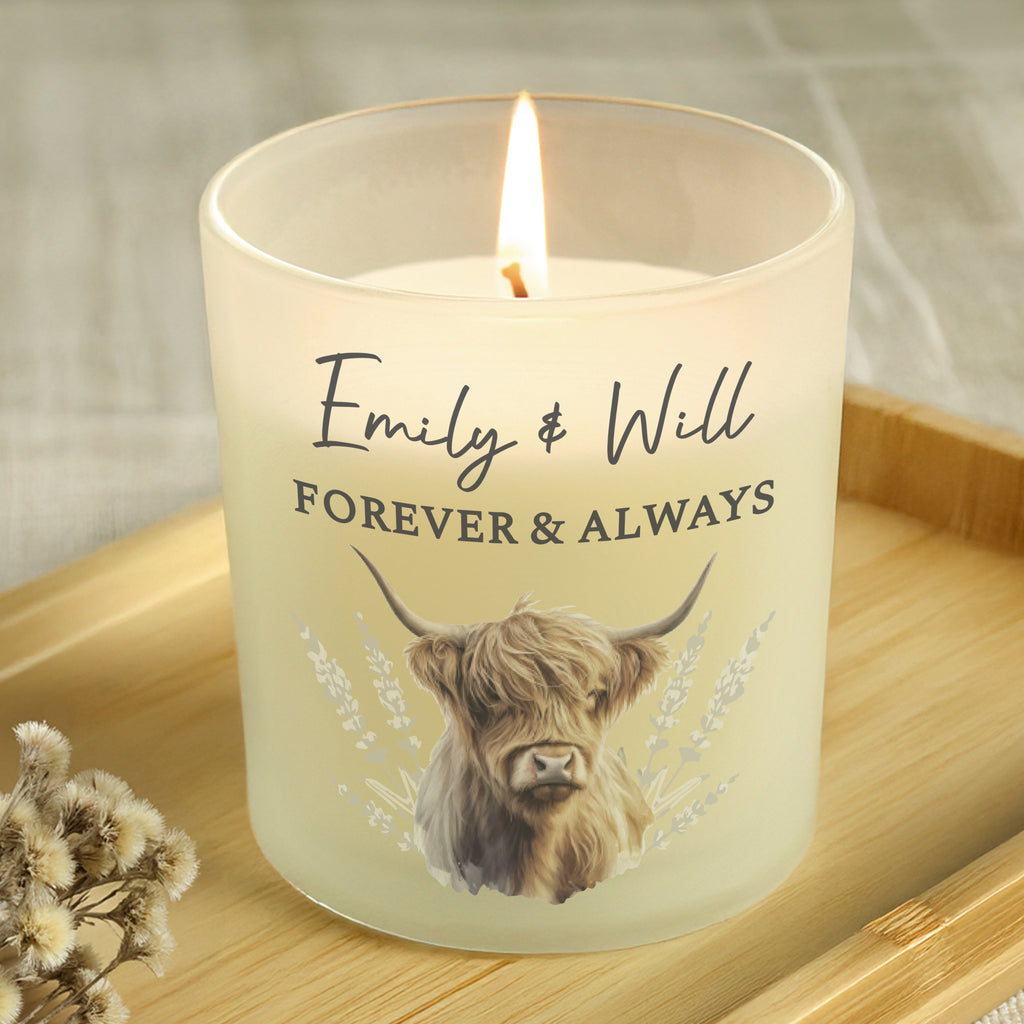 Personalised Highland Cow Frosted Glass Candle - Buy Candles & Reed Diffusers at GiftMasters.co.uk