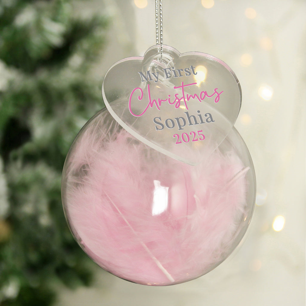 Personalised My 1st Christmas Pink Feather Bauble - Buy Christmas Decorations at GiftMasters.co.uk