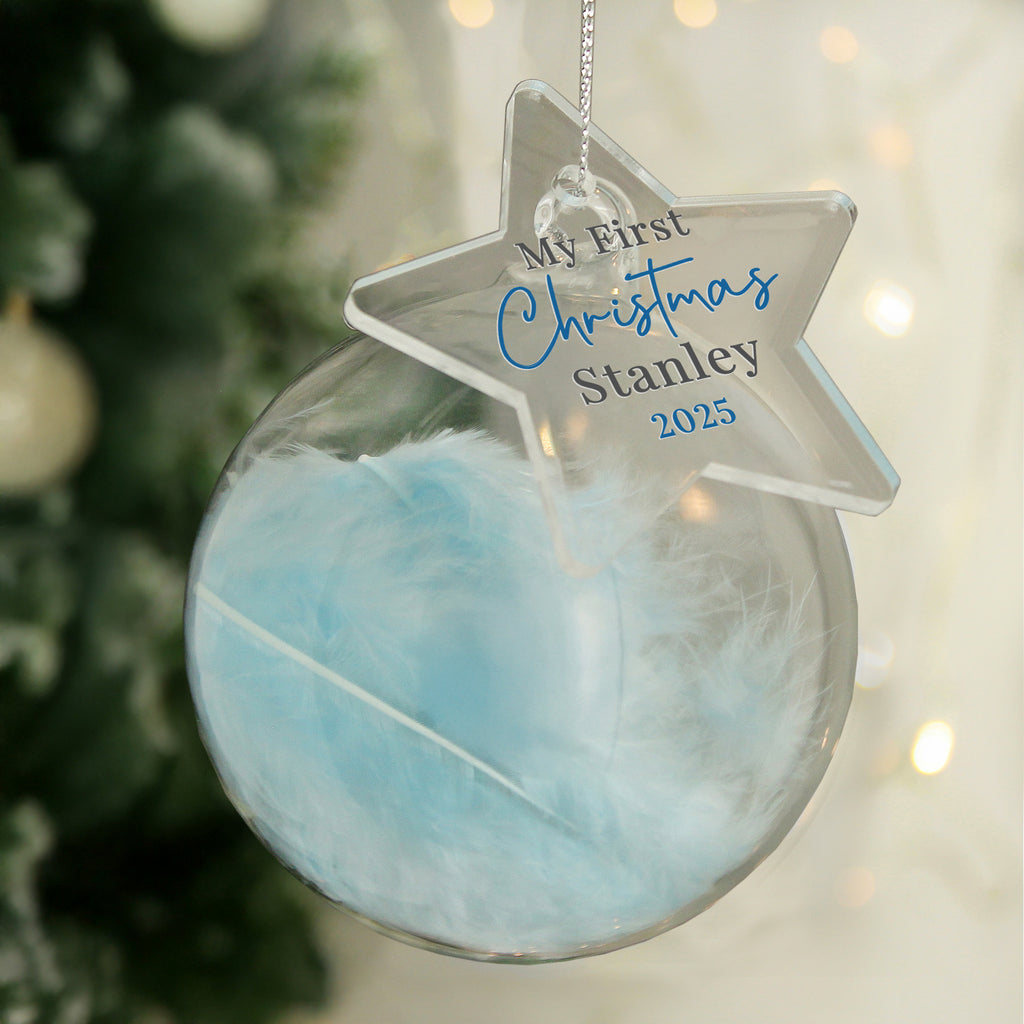 Personalised My 1st Christmas Blue Feather Bauble - Buy Christmas Decorations at GiftMasters.co.uk