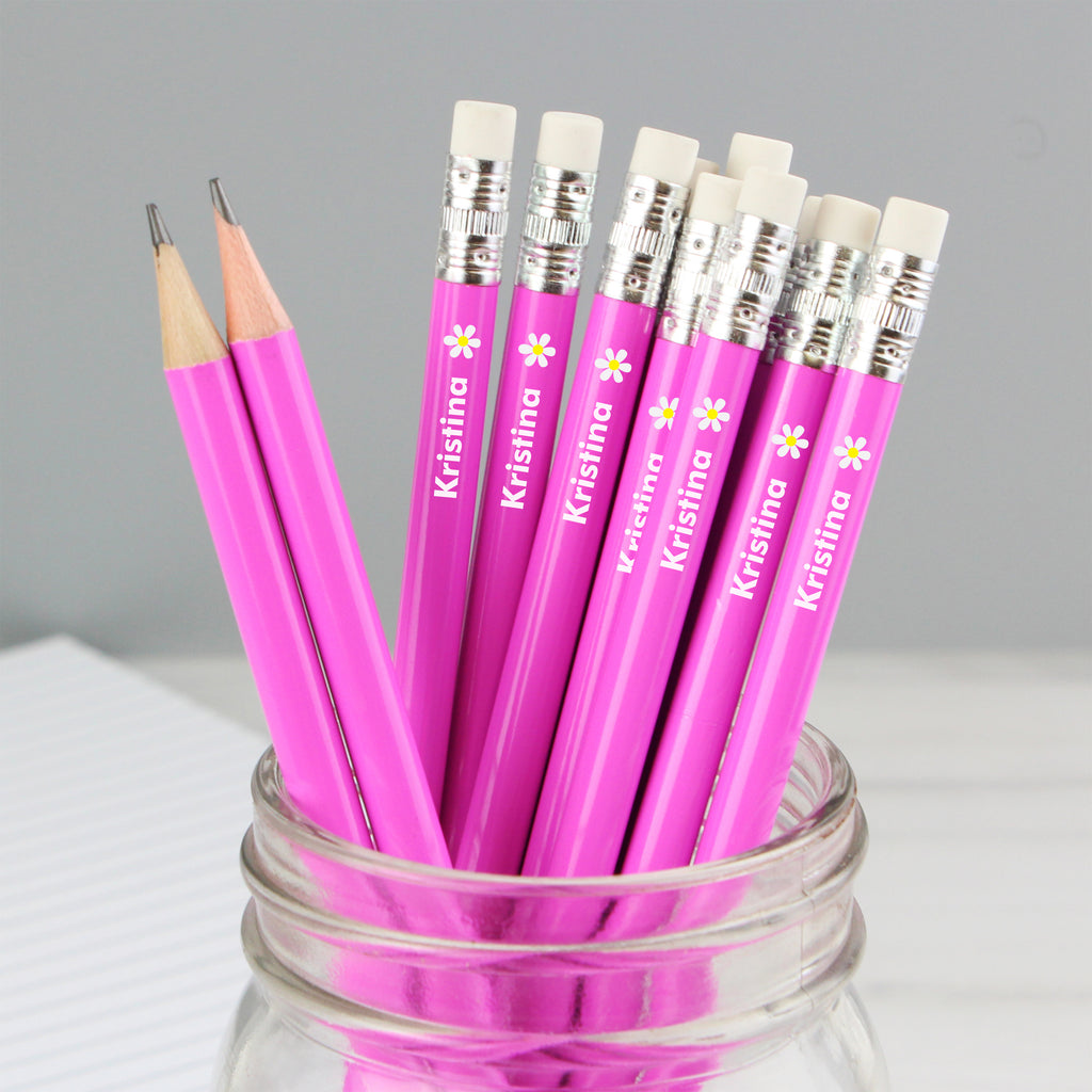 Personalised Flower Motif Pink Pencils - Buy Stationery & Pens at GiftMasters.co.uk