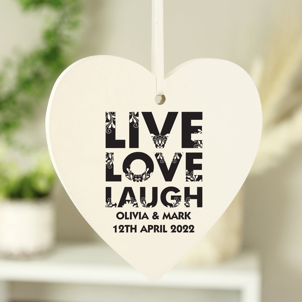 Personalised Live Love Laugh Wooden Heart Decoration - Buy Hanging Decorations & Signs at GiftMasters.co.uk