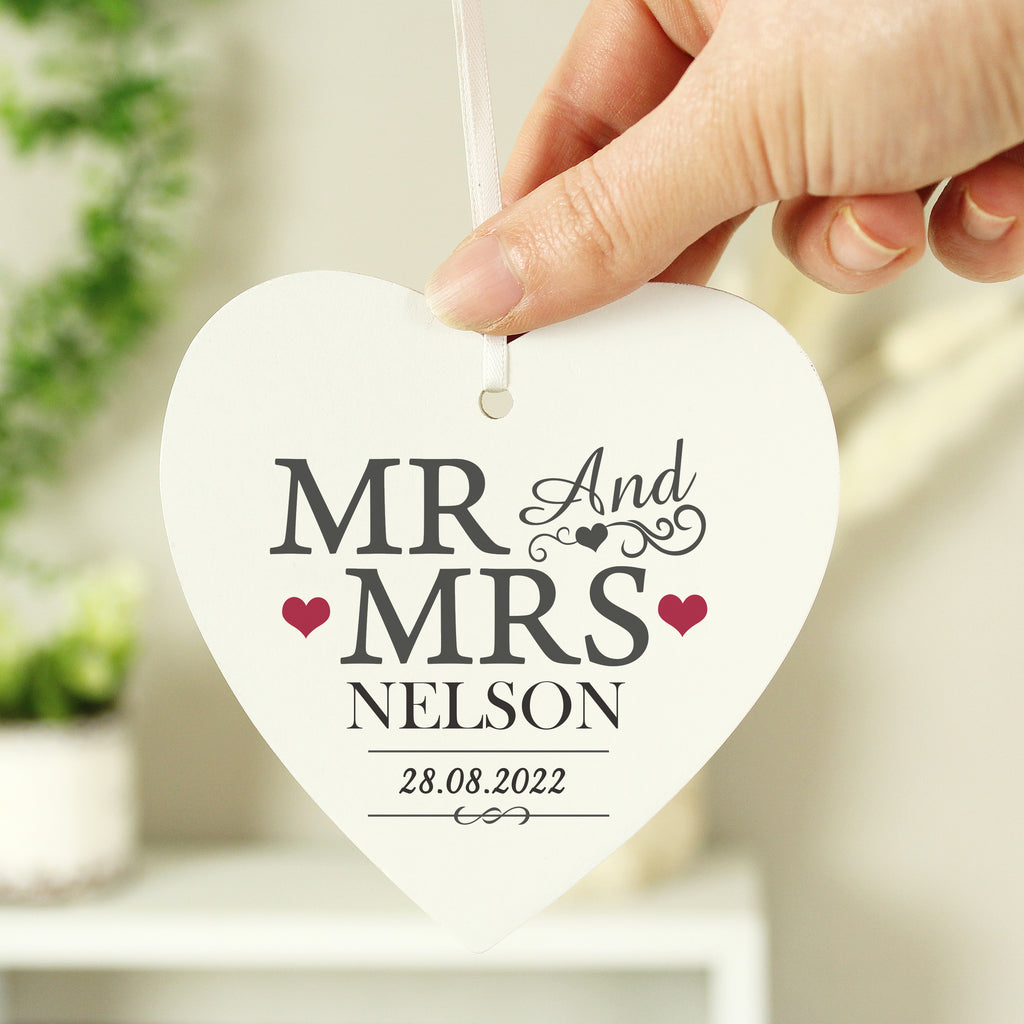 Personalised Mr & Mrs Wooden Heart Decoration - Buy Hanging Decorations & Signs at GiftMasters.co.uk