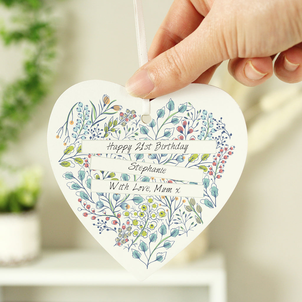 Personalised Botanical Wooden Heart Decoration - Buy Hanging Decorations & Signs at GiftMasters.co.uk