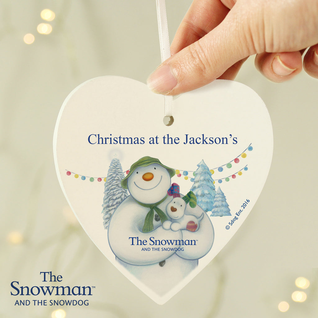 Personalised The Snowman and the Snowdog Wooden Heart Decoration - Buy Hanging Decorations & Signs at GiftMasters.co.uk