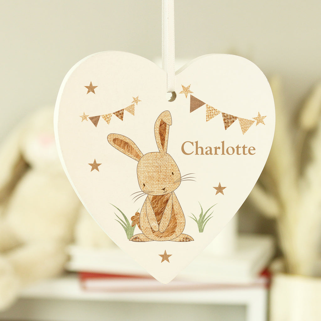 Personalised Hessian Rabbit Wooden Heart Decoration - Buy Hanging Decorations & Signs at GiftMasters.co.uk