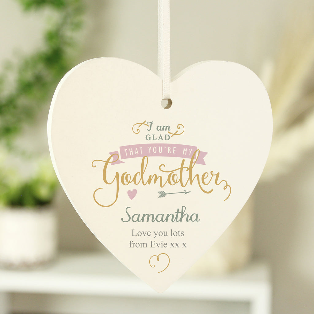 Personalised I Am Glad... Godmother Wooden Heart Decoration - Buy Hanging Decorations & Signs at GiftMasters.co.uk