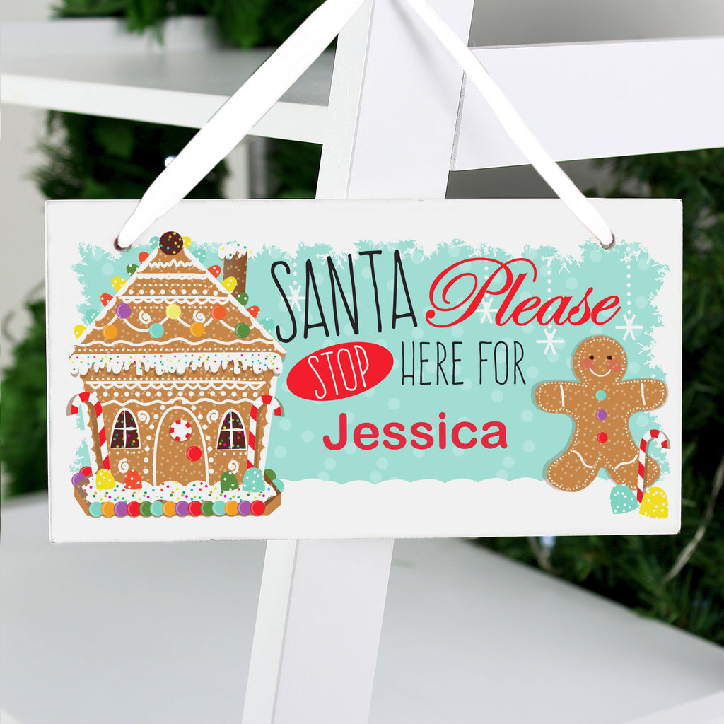 Personalised Gingerbread House Santa Stop Here Wooden Sign - Buy Hanging Decorations & Signs at GiftMasters.co.uk