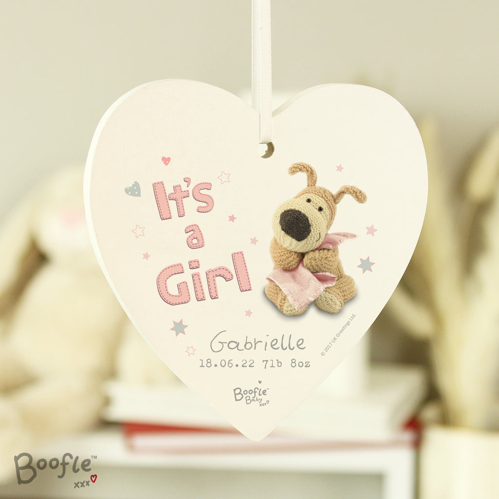 Personalised Boofle It's a Girl Wooden Heart Decoration - Buy Hanging Decorations & Signs at GiftMasters.co.uk