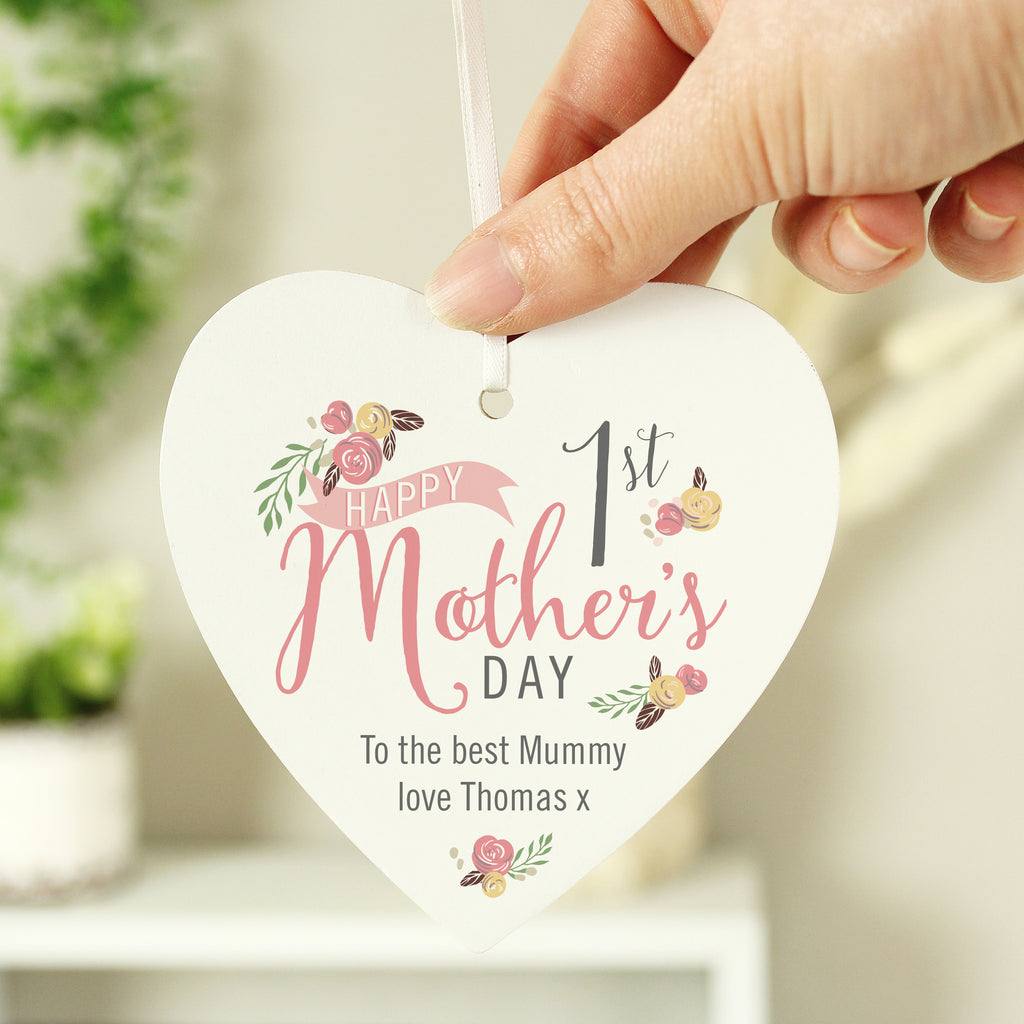 Personalised Floral Bouquet 1st Mothers Day Wooden Heart Decoration - Buy Hanging Decorations & Signs at GiftMasters.co.uk