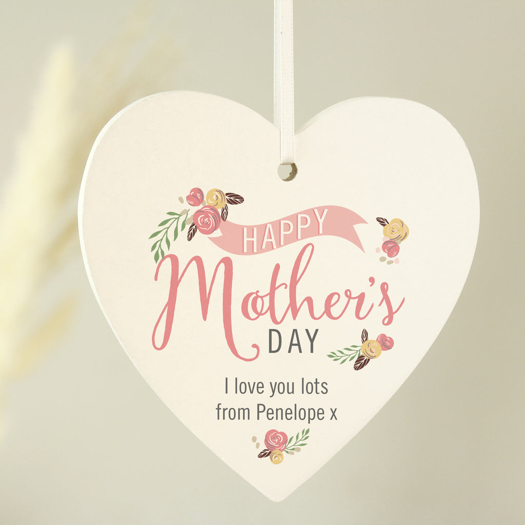 Personalised Floral Bouquet Mother's Day Wooden Heart Decoration - Buy Hanging Decorations & Signs at GiftMasters.co.uk