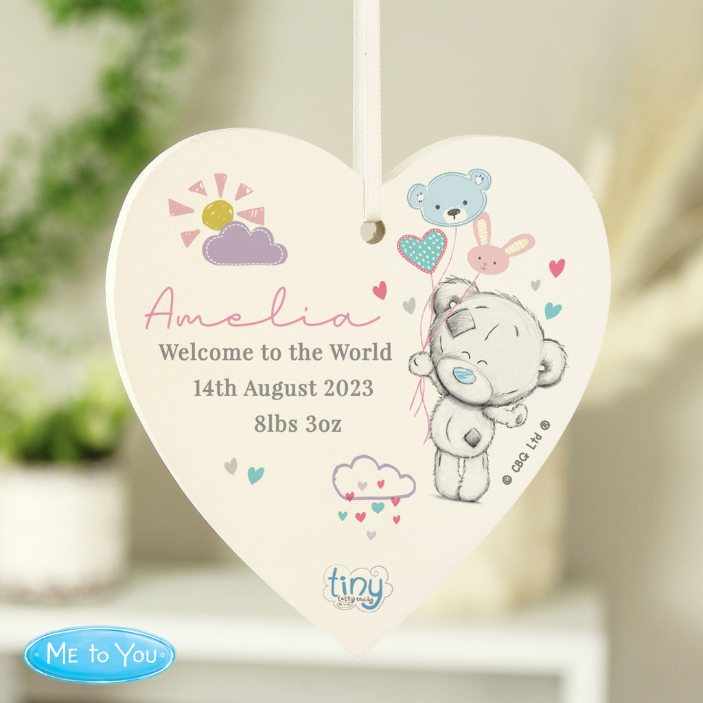 Personalised Tiny Tatty Teddy Pink Wooden Heart Decoration - Buy Hanging Decorations & Signs at GiftMasters.co.uk